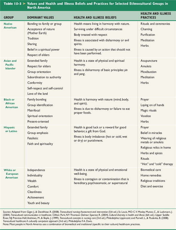 How do the cultural norms of the North American healthcare system differ from those of other cultural groups? Refer to Tables 15-2 and 15-3 in this chapter as needed.        