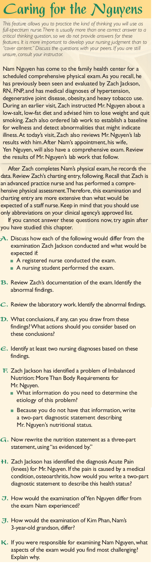 What findings would you anticipate when assessing Mr. Nguyen's thorax (Caring for the Nguyens)?