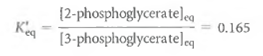 Calculating G°' and G'. Like Reaction 5-28, the conversion of 3-phosphoglycerate (3PG)to 2-phosphoglycerate (2PG)is an important cellular reaction because it is one of the steps in the glycolytic pathway:    (1) If the enzyme that catalyzes this reaction is added to a solution of 3PG at 25°C and pH 7.0, the equilibrium ratio between the two species will be 0.165:    (2) Experimental values for the actual steady-state concentrations of these compounds in human red blood cells are 61 M for 3PG and 4.3 M for 2PG. (a)Calculate G°'. Explain in your own words what this value means. (b)Calculate G'. Explain in your own words what this value means. Why are G' and G°' different  (c)If conditions in the cell change such that the concentration of 3PG remains fixed at 61 M but the concentration of 2PG begins to rise, how high can the 2PG concentration get before Reaction 5-29 will cease because it is no longer thermodynamically feasible