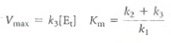 Derivation of the Michaelis-Menten Equation. For the enzyme-catalyzed reaction in which a substrate S is converted into a product P (see Reaction 6-5), velocity can be defined as the disappearance of substrate or the appearance of product per unit time:    (1) Beginning with this definition and restricting your consideration to the initial stage of the reaction when [P] is essentially zero, derive the Michaelis-Menten equation (see Equation 6-7). The following points may help you in your derivation: (a)Begin by expressing the rate equations for d[S]/dt, d\P]/dt, and d[ES]/dt in terms of concentrations and rate constants. (b)Assume a steady state at which the enzyme-substrate complex of Reaction 6-6 is being broken down at the same rate as it is being formed such that the net rate of change, d[ES]/dt, is zero.  (c)Note that the total amount of enzyme present, E t , is the sum of the free form, E f , plus the amount of complexed enzyme ES1: E t = E f + ES.  (d)When you get that far, note that V max and K m can be defined as follows:     (1)