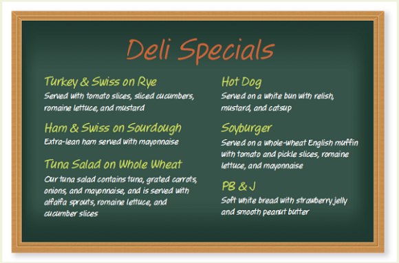 Can You Choose the Sandwich with the Most Fiber?  Assume the sandwiches on this blackboard are available at your local deli and sandwich shop. All of the sandwiches provide about 350 kcal. The fiber content ranges from about 1 gram to about 7.5 grams. Rank the sandwiches from highest amount of fiber to lowest amount; then check your answers at the bottom of the page.  