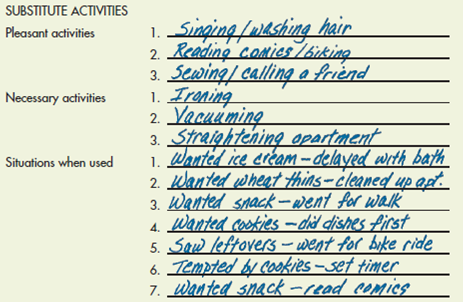An Action Plan to Change or Maintain Weight Status  Now that you have assessed your current weight status, do you feel that you would like to make some changes? Following is a stepby-step guide to behavioral change. This process can be useful even for those satisfied with their current weight, as it can be appliedto changing exercise habits, self-esteem, and a variety of other behaviors (Fig. 7-20). Becoming Aware of the Problem  By calculating your current weight status, you have already become aware of the problem, if one exists. From here, it is important to find out more information about the cause of the problem and whether it is worth working toward a change. 1. What are the factors that most influence your eating habits? Do you eat due to stress, boredom, or depression? Is volume of food your problem, or do you eat mainly the wrong foods for you? Take some time to assess the root causes of your eating habits. 2. Once you have more information about your specific eating practices, you must decide if it is worth changing these practices. A benefits and costs analysis can be a useful tool in evaluating whether it is worth your effort to make life changes. Use the following example as a guide for listing benefits and costs pertinent to your situation (Fig. 7-21). Setting Goals  What can we accomplish, and how long will it take? Setting a realistic, achievable goal and allowing a reasonable amount of time to pursue it increase the likelihood of success. 1. Begin by determining the outcome you would like to achieve. If you are trying to change your eating behaviors to be more healthy, list your reasons for doing so (e.g., overall health, weight loss, self-esteem). Overall goal: __________________________________________________________________________________ __________________________________________________________________________________ Reasons to pursue goal: __________________________________________________________________________________ __________________________________________________________________________________ __________________________________________________________________________________ 2. Now list several steps that will be necessary to achieve your goal. Keep in mind, however, that it is generally best to change only a few specific behaviors at first-walking briskly for 60 minutes each day, reducing fat intake, using more whole-grain products, and not eating after 7 P.M. Attempting small and perhaps easier dietary changes first reduces the scope of the problem and increases the likelihood of success. Steps toward achieving goal: 1. ________________________________________________________________________________ 2. ________________________________________________________________________________ 3. ________________________________________________________________________________ If you are having trouble deciphering the steps needed to achieve your goal, health professionals are an excellent resource for aid in planning. Measuring Commitment  Now that you have collected information and know what is required to reach your goal, you must ask yourself, Can I do this? Commitment is an essential component in the success of behavioral change. Be honest with yourself. Permanent change is not quick or easy. Once you have decided that you have the commitment required to see this through, continue on to the following sections. Making It Official with a Contract  Drawing up a behavioral contract often adds incentive to follow through with a plan. The contract could list goal behaviors and objectives, milestones for measuring progress, and regular rewards for meeting the terms of the contract. After finishing a contract, you should sign it in the presence of some friends. This encourages commitment. Initially, plans should reward positive behaviors, and then they should focus on positive results. Positive behaviors, such as regular physical activity, eventually lead to positive outcomes, such as increased stamina. Figure 7-22 is a sample contract for increasing physical activity. Keep in mind that this sample contract is only a suggestion; you can add your ideas as well. Psyching Yourself Up  Once your contract is in place, you need to psych yourself up. Discouragement from peers and your temptations to stray from your plan need to be anticipated. Psyching yourself up can enable you to progress toward your goals in spite of others' attitudes and opinions. Almost everyone benefits from some assertiveness training when it comes to changing behaviors. The following are a few suggestions. Can you think of any others? • No one's feelings should be hurt if you say, No, thank you, firmly and repeatedly when others try to dissuade you from a plan. Tell them you have new diet behavior and your needs are important. • You don't have to eat a lot to accommodate anyone-your mother, business clients, or the chef. For example, at a party with friends, you may feel you have to eat a lot to participate, but you don't. Another trap is ordering a lot just because someone else is paying for the meal. • Learn ways to handle put-downs-inadvertent or conscious. An effective response can be to communicate feelings honestly, without hostility. Tell criticizers that they have annoyed or offended you, that you are working to change your habits and would really like understanding and support from them. Practicing the Plan  Once you've set up a plan, the next step is to implement it. Start with a trial of at least 6 to 8 weeks. Thinking of a lifetime commitment can be overwhelming. Aim for a total duration of 6 months of new activities before giving up. We may have to persuade ourselves more than once of the value of continuing the program. The following are some suggestions to help keep a plan on track: • Focus on reducing but not necessarily extinguishing undesirable behaviors. For example, it's usually unrealistic to say, I'll never eat a certain food again. It's better to say, I won't eat that problem food as often as before. • Monitor progress. Note your progress in a diary and reward yourself according to your contract. While conquering some habits and seeing improvement, you may find yourself quite encouraged, even enthusiastic, about your plan of action. That can give you the impetus to move ahead with the program. • Control environments. In the early phases of behavioral change, try to avoid problem situations, such as parties, coffee breaks, and favorite restaurants. Once new habits are firmly established, you can probably more successfully resist the temptations of these environments. Reevaluating and Preventing Relapse  After practicing a program for several weeks to months, it is important to reassess the original plan. In addition, you may now be able to pinpoint other problem areas for which you need to plan appropriately. 1. Begin by taking a close and critical look at your original plan. Does it lead to the goals you set? Are there any new steps toward your goal that you feel capable of adding to your contract? Do you need new reinforcements? It may even be necessary to make a new contract. For permanent change, it is worth this time of reassessment. 2. In practicing your plan over the past weeks or months, you have likely experienced relapses. What triggered these relapses? To prevent a total retreat to your old habits, it is important to set up a plan for such relapses. You can do this by identifying high-risk situations, rehearsing a response, and remembering your goals. You may have noticed a behavior chain in some of your relapses. That is, the relapse may stem from a series of interconnected habitual activities. The way to break the chain is to first identify the activities, pinpoint the weak links, break those links, and substitute other behaviors. Figure 7-23 illustrates a sample behavior chain and a substitute activities list. Consider compiling a list based on your behavior chains. Epilogue  If you have used the activities in this section, you are well on your way to permanent behavioral change. Recall that this exercise can be used for a variety of desired changes, including quitting smoking, increasing physical activity, and improving study habits. It is by no means an easy process, but the results can be well worth the effort. Overall, the keys to success are motivation (keeping the problem in the forefront of your mind), having a plan of action, securing the resources and skills needed for success, and looking for help from family, friends, or a group.     BEHAVIOR CHAIN Identify the links in your eating response chain on the following diagram. Draw a line through the chain where it was interrupted. Add the link you substituted and the new chain of behavior this substitution started. 1. Fun activities (taking a walk, reading a book) 2. Necessary activities (cleaning a room, balancing your checkbook) 3. Incompatible activities (taking a shower) 4. Urge-delaying activities (setting a kitchen timer for 20 minutes before allowing yourself to eat) Using activities to interrupt behavior patterns that lead to inappropriate eating (or inactivity) can be a powerful means of changing habits.