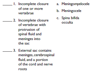 Match each of the following definitions with its correct term: Spinal cord defects  <div style=padding-top: 35px> 