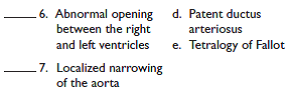 Match each of the following definitions with its correct term: Congenital defects of the heart    <div style=padding-top: 35px> 