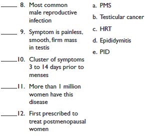 Match each of the following definitions with its correct term: Male and female reproductive diseases/disorders    