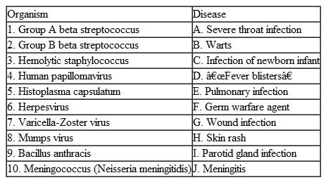 Match the disease in the right column with the responsible organism in the left column.   