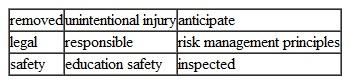 Fill in the blanks with one of the words listed below: -    A. The leading cause of death among young children is ____________. B. Adults must be able to ____________ children's actions as part of advanced planning. C. Families expect teachers to be ____________ for their child's safety. D. Basic ____________ ____________ include(s) advanced planning, establishing safety policies and guidelines, appropriate supervision, and safety education. E. Injury records are considered ____________ documents. F. Children's ______ must be a continuous teacher concern and responsibility. G. Toys and play equipment should be ____________ daily. H. A prime method for reducing the incidence of unintentional injuries can be achieved through ____________ ____________.