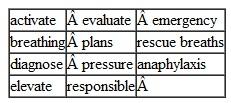 Complete each of the statements with a word selected from the following list. Take the first letter from each answer and place it in the appropriate space following question (j) to spell out one of the basic principles of first aid. -     a. Always check to be sure the child is ______________________. b. The immediate care given for life-threatening conditions is called ____________ care. c. Schools and early childhood programs should develop _________________ for handling emergencies. d. If an infant is found unconscious and not breathing, immediately give 30 chest compressions followed by 2 _______________. e. The first step in providing emergency care is to quickly _______________ the child's condition. f. Bleeding can be stopped by applying direct _________________. g. If a child is seriously injured, you would immediately ___________________ emergency medical services (EMS) by calling 911. h. Families are _______________ for arranging follow-up medical treatment for a child's injuries. i. To treat a child for shock, you would _______________ the child's legs 8 to 10 inches. j. Teachers never ___________________ or give medical advice. A basic principle of first aid is _ _ _ _ _ _ _ _ _ _.