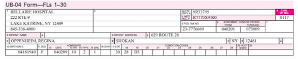 Answer the following questions based on the top portion of the UB-04 form shown here.     a.On what date was the patient admitted?____ b.What is the patient's discharge status?________ c.What does the frequency code in the TOB code indicate?______ d.How long has the patient been in the hospital?______ e. What code is reported in FL 19, and what does it indicate?____ f. Based on a sixty-day billing period, is this the first, second, or third bill that has been prepared for this patient's hospital visit?__________ h. How old is the patient?________ i. Are either the patient or the patient's spouse employed?______ j. Do either the patient or the patient's spouse have more than one health insurance plan?__________ k. Who is the primary payer on the claim?_______