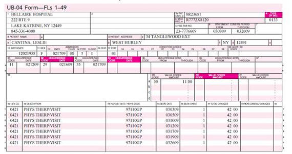 Answer the following questions based on the top portion of the UB-04 form shown here. Appendix A contains a table of occurrence codes for quick reference.     a.Based on the TOB (0133), is this the first physical therapy claim for the patient for this condition?______ b.Has the patient finished treatment? Explain.________________ c.Do the dates of service in FL 45, lines 1-7, correspond with the dates reported in FL 6 (Statement Covers Period)?__________ d.Based on the data in FLs 31-33, when was the patient evaluated for physical therapy treatment?______ e. When did the patient begin receiving treatment?______________________ f. How many treatments are being reported on this claim?_____________ g. Value code 50 in FL 39 is used to report the number of physical therapy visits from the onset of treatment through this billing period.How many treatments did the patient receive in February?________ h. When did the patient first become aware of the symptoms that are being treated?__________________