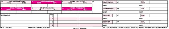Using the following claim data, fill in FLs 76-81 below.• Attending provider: Sammy Tonayoma, NPI 3322211165, BCBS Number BY2220 • Referring provider: Theresa Green, NPI 0876599911 • Remarks: Insured's employer: Quinnlee's Outlets, 29 Grovenor Drive, Pittsburgh, PA 15215 • Fls 35-36 overflow data: Occurrence span code M2 (Inpatient respite dates), January 13-16, 2009 • Hospital taxonomy code: 282N00000X UB-04 Form-FLs 76-81    