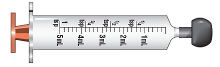 Using the accompanying illustrations of equipment for the remaining questions, mark with a line or shading where you would measure the required dose 2.4 mL  