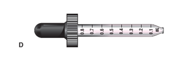 In Exercises 24, use the accompanying illustrations of equipment. For each question, mark with a line or with shading where you would measure the required dose: 0.6 mL (Refer to calibrated dropper D.)  