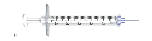 In Exercises 28, use the accompanying illustrations of equipment. For each question, mark with a line or with shading where you would measure the required dose: 0.32 mL (Refer to syringe H.)