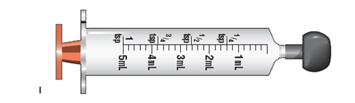 In Exercises 29, use the accompanying illustrations of equipment. For each question, mark with a line or with shading where you would measure the required dose: 2 mL (Refer to syringe I.)