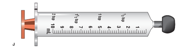 In Exercises 30, use the accompanying illustrations of equipment. For each question, mark with a line or with shading where you would measure the required dose:   (Refer to syringe J.)  