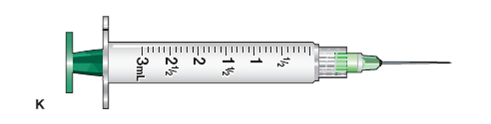 In Exercises 31, use the accompanying illustrations of equipment. For each question, mark with a line or with shading where you would measure the required dose: 1.5 mL (Refer to syringe K.)