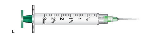 In Exercises 32, use the accompanying illustrations of equipment. For each question, mark with a line or with shading where you would measure the required dose: 2.3 mL (Refer to syringe L.)
