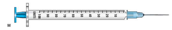 In Exercises 33, use the accompanying illustrations of equipment. For each question, mark with a line or with shading where you would measure the required dose: 80 units (Refer to syringe M.)  
