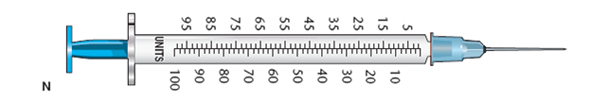 In Exercises 34, use the accompanying illustrations of equipment. For each question, mark with a line or with shading where you would measure the required dose: 45 units (Refer to syringe N.)