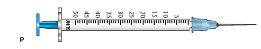 In Exercises 36, use the accompanying illustrations of equipment. For each question, mark with a line or with shading where you would measure the required dose: 27 units (Refer to syringe P.)