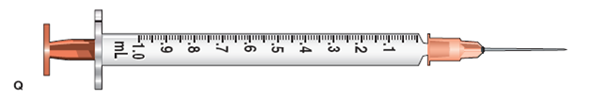 In Exercises 37, use the accompanying illustrations of equipment. For each question, mark with a line or with shading where you would measure the required dose: 0.5 mL (Refer to syringe Q.)  