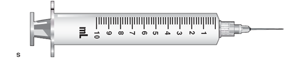 In Exercises 39, use the accompanying illustrations of equipment. For each question, mark with a line or with shading where you would measure the required dose: 5 mL (Refer to syringe S.)  