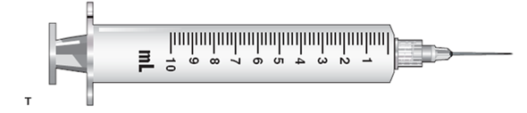 In Exercises 40, use the accompanying illustrations of equipment. For each question, mark with a line or with shading where you would measure the required dose: 7.2 mL (Refer to syringe T.)
