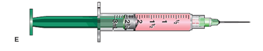 In Exercises 18, identify the type of syringe and the volume of the dosage it contains. Identify the correct units of measurement. Example: Refer to the sample syringe below: Type: tuberculin Volume: 0.3 mL Refer to syringe E: Type: _______________________ Volume: _______________________