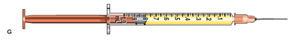 In Exercises 20, identify the type of syringe and the volume of the dosage it contains. Identify the correct units of measurement. Example: Refer to the sample syringe below: Type: tuberculin Volume: 0.3 mL    Refer to syringe G: Type: _______________________ Volume: _______________________  