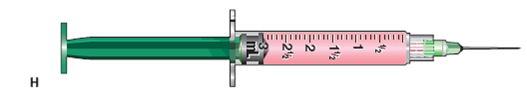 In Exercises 21, identify the type of syringe and the volume of the dosage it contains. Identify the correct units of measurement. Example: Refer to the sample syringe below: Type: tuberculin Volume: 0.3 mL    Refer to syringe H: Type: _______________________ Volume: _______________________  
