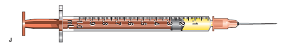 In Exercises 23, identify the type of syringe and the volume of the dosage it contains. Identify the correct units of measurement. Example: Refer to the sample syringe below: Type: tuberculin Volume: 0.3 mL    Refer to syringe J: Type: _______________________ Volume: _______________________  
