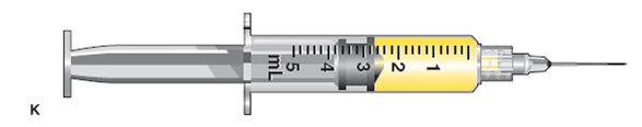 In Exercises 24, identify the type of syringe and the volume of the dosage it contains. Identify the correct units of measurement. Example: Refer to the sample syringe below: Type: tuberculin Volume: 0.3 mL Refer to syringe K: Type: _______________________ Volume: _______________________