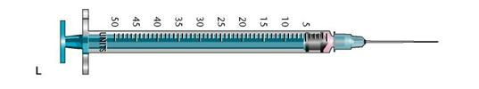 In Exercises 25, identify the type of syringe and the volume of the dosage it contains. Identify the correct units of measurement. Example: Refer to the sample syringe below: Type: tuberculin Volume: 0.3 mL    Refer to syringe L: Type: _______________________ Volume: _______________________  