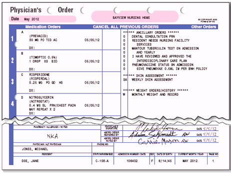 In Exercises 25, refer to Physician's Order Form 1.    Physician's Order Form 1 If medications are delivered once a week to this facility, how many doses of Risperdal should be dispensed?