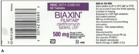 In Exercises 8, convert the dosage ordered to the same unit as that of the dose on hand or measuring device. Use conversion tables from Chapter 3 as needed. Ordered: Biaxin 1 g PO daily Desired dose: _____ On hand: Refer to label A.