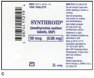 In Exercises 10, convert the dosage ordered to the same unit as that of the dose on hand or measuring device. Use conversion tables from Chapter 3 as needed. Ordered: Synthroid 0.05 mg Desired dose: _____ On hand: Refer to label C.