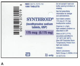 In Exercises 15, calculate the amount to administer. Unless otherwise noted, tablets are scored in half. Ordered: Synthroid 0.175 mg PO daily On hand: Refer to label A (on page 288). Tablets are unscored. Administer:_____  