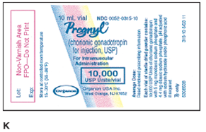 In Exercises 28, refer to the package insert for Pregnyl. Ordered: Pregnyl 2,500 units IM every other day. On hand: 10,000 unit vial of Pregnyl for IM use. See Figure K and L.        What solution strength should be written on the label of the vial?
