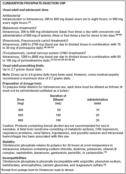 The physician has ordered an adult patient with pneumonia to have clindamycin 500 mg IV q8h. On hand: See clindamycin label and package insert (Figure 10-22) Figure 10-22 Clindamycin label and package insert. How would you prepare the medication?