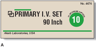 In Exercises 17, calculate the flow rate for manually regulated IVs. Ordered: 3000 mL NS over 24 h, refer to label A. Figure 10-15 Look at the drop factor for IV tubing to calculate flow rates.
