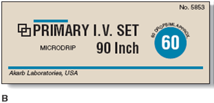 In Exercises 18, calculate the flow rate for manually regulated IVs. Ordered: 50 mL penicillin IV over 1 h, refer to label B. Figure 10-15 Look at the drop factor for IV tubing to calculate flow rates.