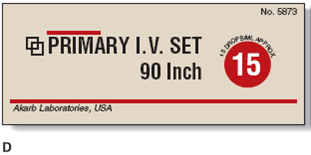 In Exercises 20, calculate the flow rate for manually regulated IVs. Ordered: 100 mL gentamicin over 30 min, refer to label D.    Figure 10-16 When calculating the gtt/min of an IV, always check the package to determine the calibration of the IV tubing you will be using.