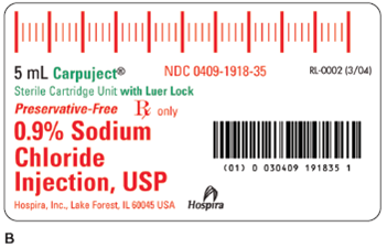For Exercises 3, refer to labels A and B. Figure 10-19 Heparin and saline lock flush. Standing order reads 3 mL saline lock flush q8h. Calculate the amount to administer.