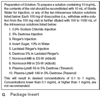 For Exercises 8, determine the amount to administer and calculate the flow rate in milliliters per hour and drops per minute. Ordered: Doxycycline 75 mg IVPB in 100 mL of D5W over 1 hour On hand: Refer to label F, package insert G, and IV tubing packaging H (Figure 10-21).    Figure 10 - 21 Dosage and Administration. Excerpt from Doxycycline Package Insert found at www.bedfordlabs.com      Figure 10 - 21 Concluded.Amount to administer: ____________________