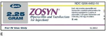 You are preparing medication for two patients. Patient A has nosocomial pneumonia and a Creatinine Clearance of 37 mL/min. He has been ordered Zosyn 4.5 gram q6h IV. Patient B has pelvic inflammatory disease and a normal creatinine clearance. She has been ordered 3.375 gram IV q6h. You have the following Zosyn medication vials (see labels E, F, and G.) and package insert information.        Are the dosages for Patient A and B safe?