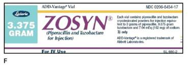 You are preparing medication for two patients. Patient A has nosocomial pneumonia and a Creatinine Clearance of 37 mL/min. He has been ordered Zosyn 4.5 gram q6h IV. Patient B has pelvic inflammatory disease and a normal creatinine clearance. She has been ordered 3.375 gram IV q6h. You have the following Zosyn medication vials (see labels E, F, and G.) and package insert information. If safe, what medication will you use and how will you prepare the medication.