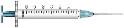 In Exercises 1, refer to labels A-F. Select the label corresponding to each exercise. Then mark the desired amount of insulin on the syringe. Ordered: Humulin R 11 units Sub-Q ac breakfast Select vial: _____