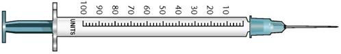 In Exercises 2, refer to labels A-F. Select the label corresponding to each exercise. Then mark the desired amount of insulin on the syringe. Ordered: Humulin 50/50 48 units Sub-Q ac dinner Select vial: _____  