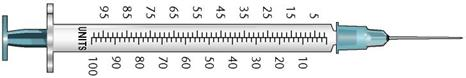 In Exercises 5, refer to labels A-F. Select the label corresponding to each exercise. Then mark the desired amount of insulin on the syringe. Ordered: Novolin N 65 units Sub-Q ac dinner Select vial: _____